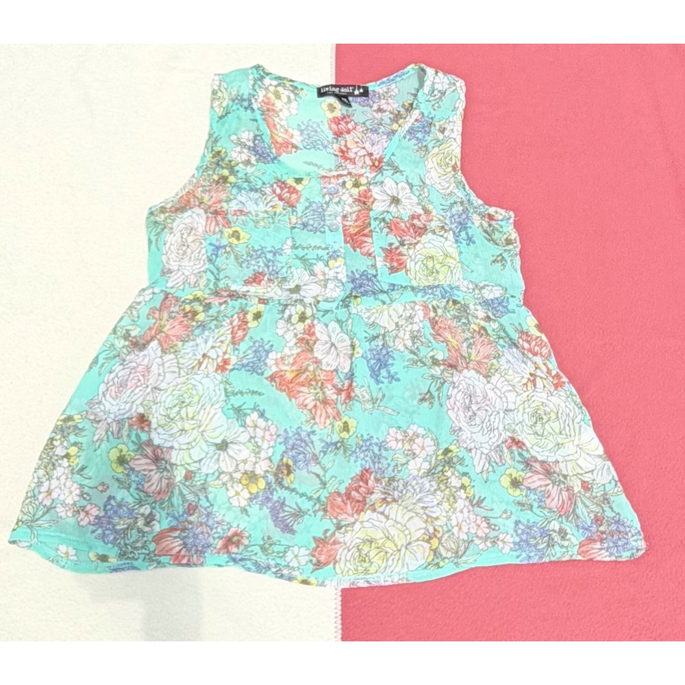 Living Doll Los Angeles Floral Peplum Sleeveless Blouse Mint Green XS